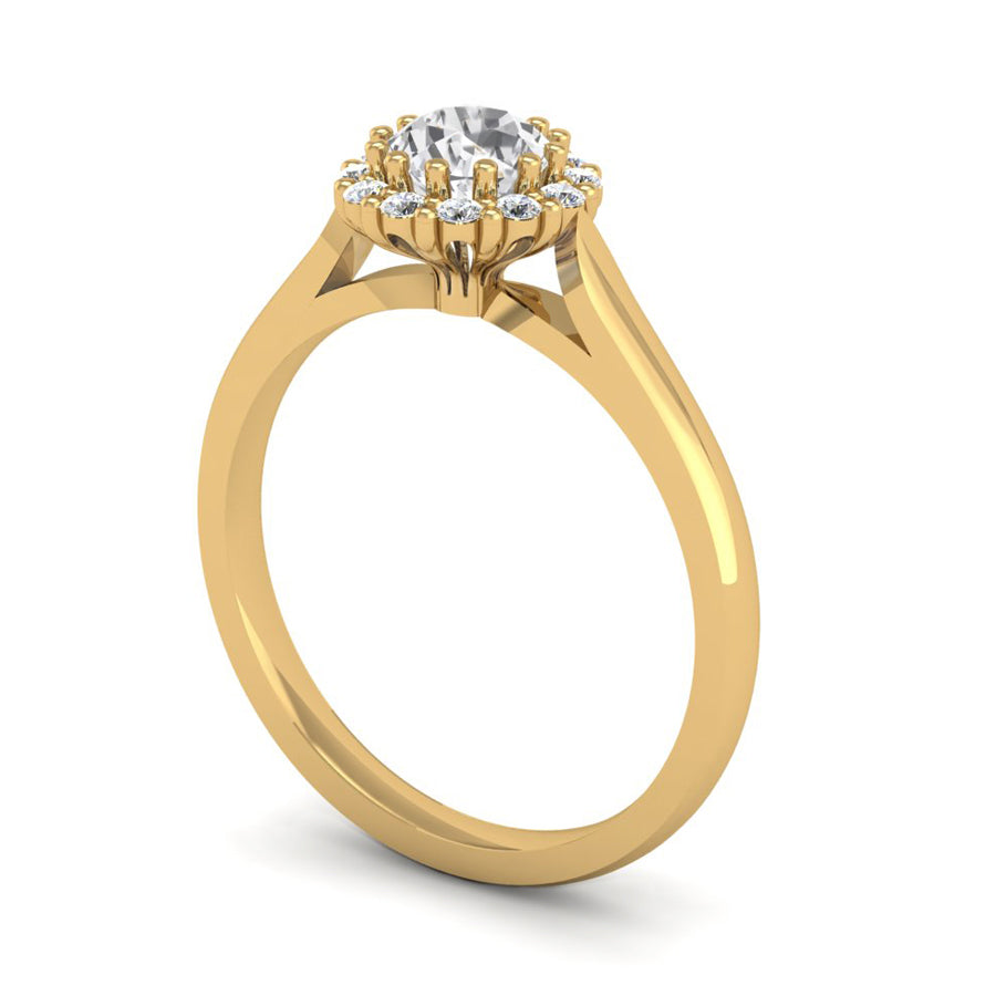 Fairtrade Yellow Gold Round Brilliant Cut Diamond Halo Engagement ring with a Scalloped Basket
