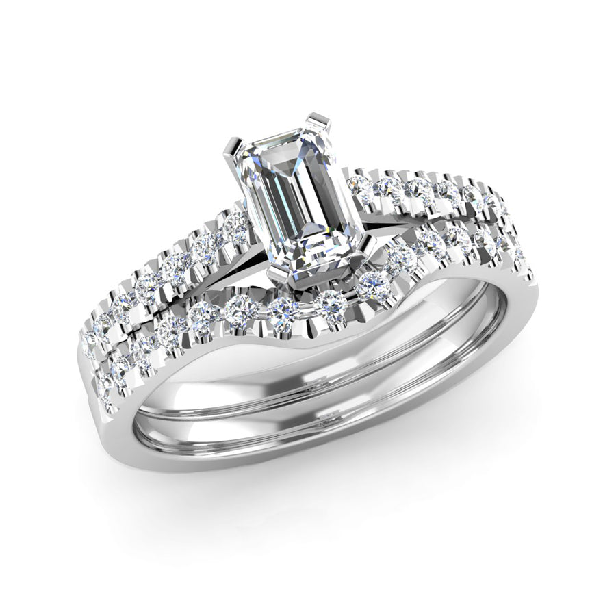 Fairtrade White Gold Emerald Cut Diamond Engagement Ring and Diamond Fitted Wedding Ring Set