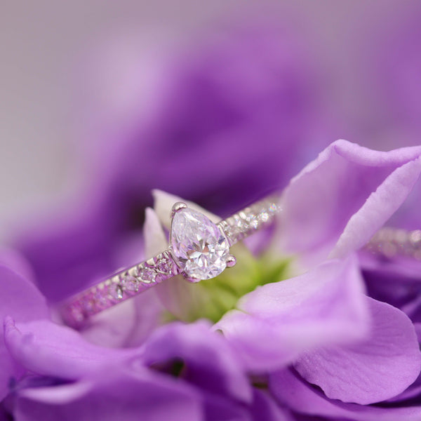 Ethically-sourced Platinum Pear Cut Diamond Engagement Ring with Diamond Set Shoulders - Jeweller's Loupe