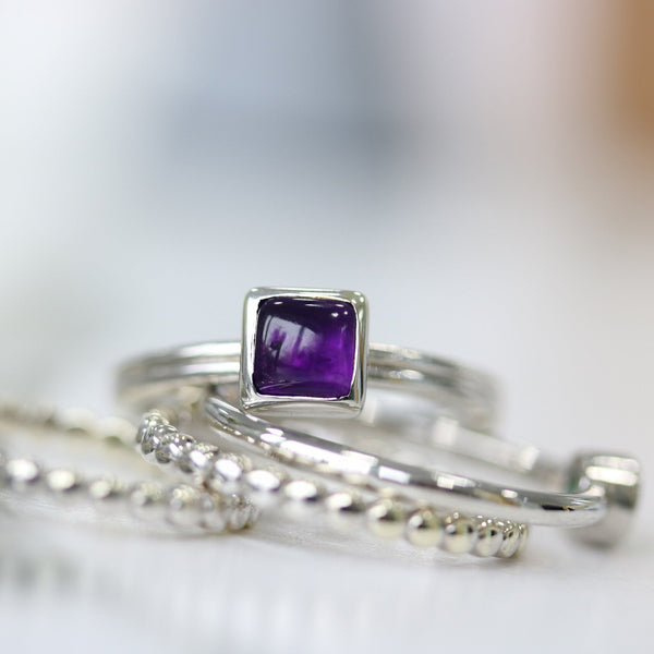 Fairtrade Silver BELIEVE Amethyst Stacking Ring - Jeweller's Loupe