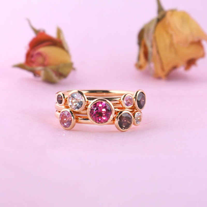 Fairtrade Rose Gold Smoky Quartz, Pink Tourmaline and Diamond Triple Stacking Rings