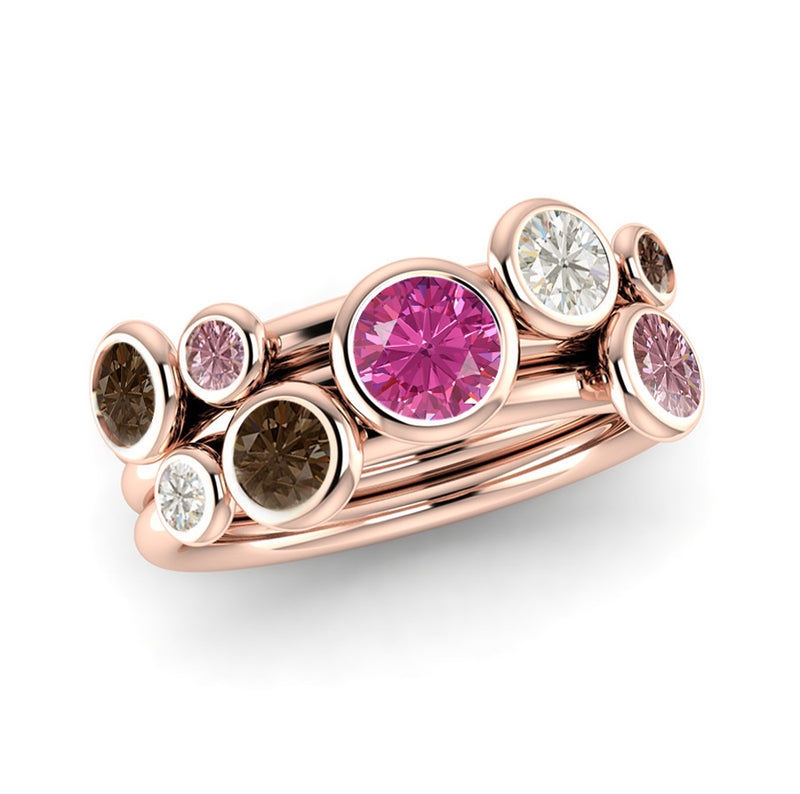 Fairtrade Rose Gold Smoky Quartz, Pink Tourmaline and Diamond Triple Stacking Rings