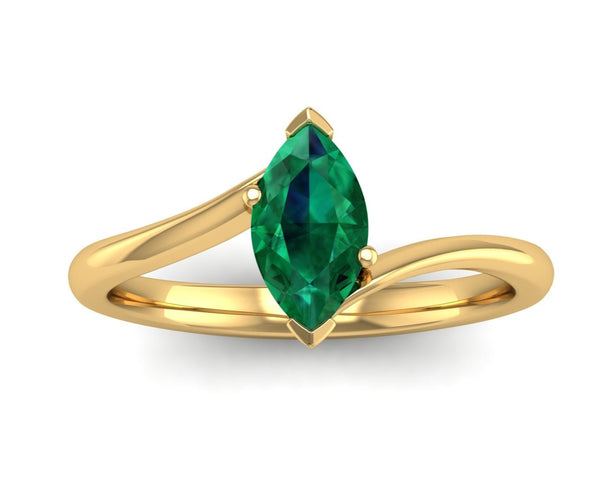 Fairtrade Yellow Gold Crossover Solitaire Marquise Cut Lab Grown Emerald Engagement Ring