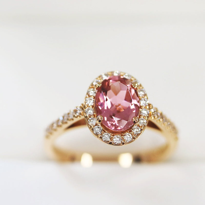 Fairtrade Yellow Gold Oval Cut Pink Tourmaline and Diamond Halo Engagement Ring - Jeweller's Loupe