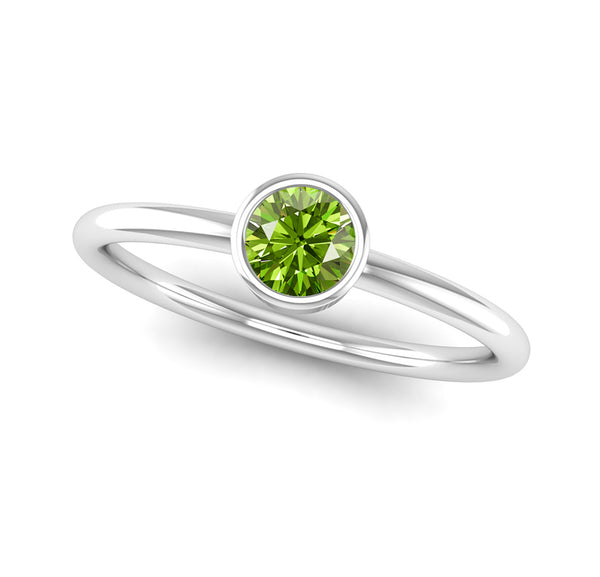 Ethically-sourced Platinum Solitaire Round Brilliant Cut Peridot Birthstone Ring, Jeweller's Loupe