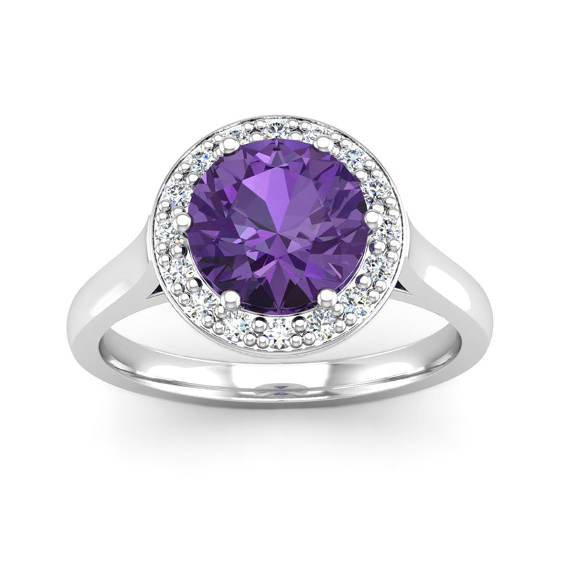 Round Brilliant Cut Purple Amethyst and Diamond Halo Engagement Ring - Jeweller's Loupe