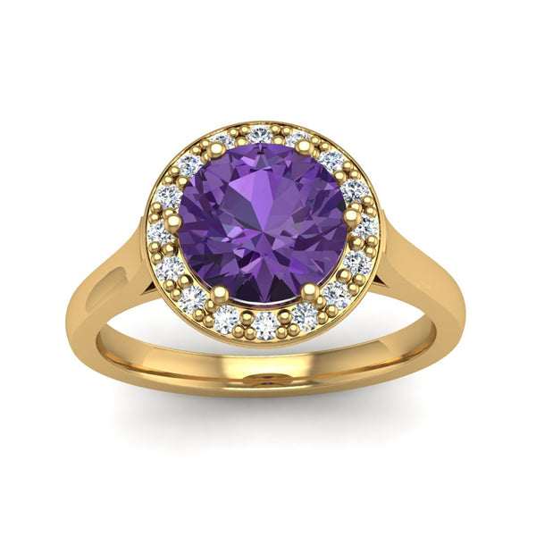 Round Brilliant Cut Purple Amethyst and Diamond Halo Engagement Ring - Jeweller's Loupe