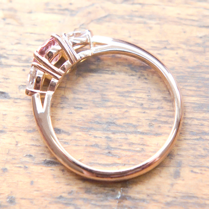 Fairtrade Rose Gold Pink Tourmaline and White Sapphire Trilogy Engagement Ring, Jeweller's Loupe