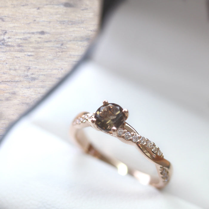 Fairtrade Rose Gold Smoky Quartz Engagement Ring with Diamond Twisting Shoulders, Jeweller's Loupe