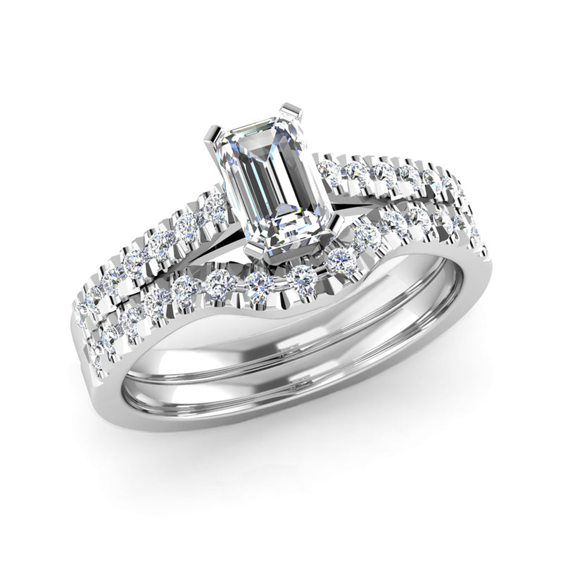 Fairtrade White Gold Emerald Cut Diamond Engagement Ring and Diamond Fitted Wedding Ring Set
